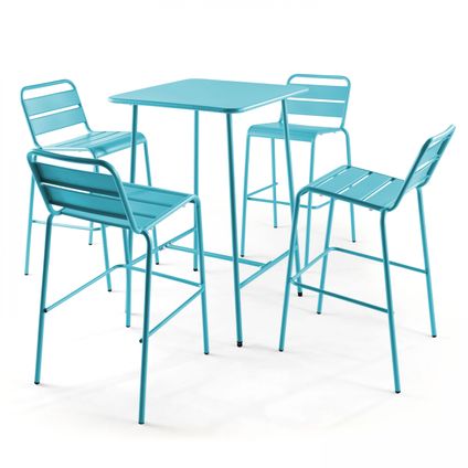 Oviala Palavas blauw metalen bartafel en 4 hoge stoelen set