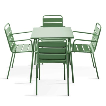 Ensemble table de jardin carrée et 4 fauteuils acier Oviala Palavas vert cactus
