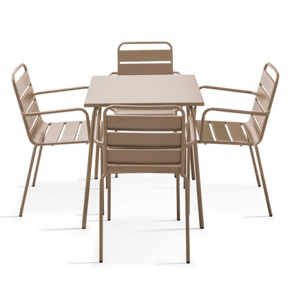 Oviala Palavas taupe vierkante tuintafel en 4 stalen fauteuils set