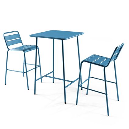 Oviala Palavas pacific blauwe metalen bartafel en 2 hoge stoelen set