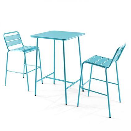 Oviala Palavas blauw metalen bartafel en 2 hoge stoelen set