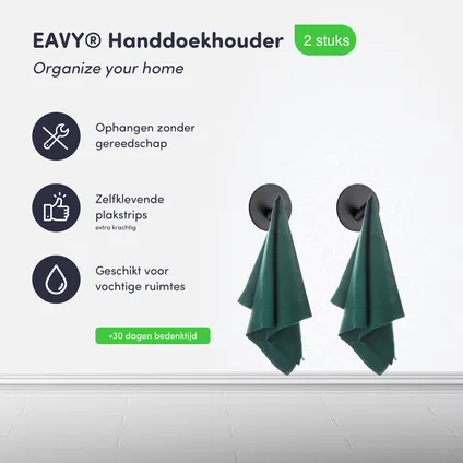 EAVY Handdoekhaakjes Zelfklevend Zwart - 2x Zelfklevende Haakjes - Handdoekhouder 3