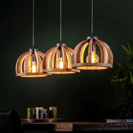 Hoyz - Hanglamp gemaakt van naturel mangohout- 3 lampen - Gebogen houten spijlen Ø30 2