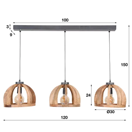 Hoyz - Hanglamp gemaakt van naturel mangohout- 3 lampen - Gebogen houten spijlen Ø30 4