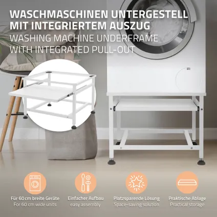 ML-Design Wasmachinehouder met uitschuifbare plank, Wit, 62,5x53,5x45 cm, Staal 3