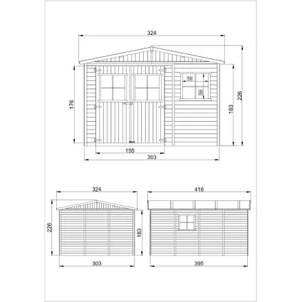 Timbela M336+M336G - Abri de jardin en bois 11 m2 - 324 x 416 x H232 cm - avec sol imprégné 5