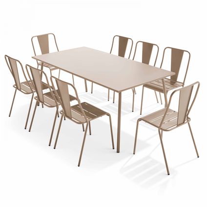 Ensemble table de jardin Oviala Palavas et 8 chaises bistrot en acier taupe