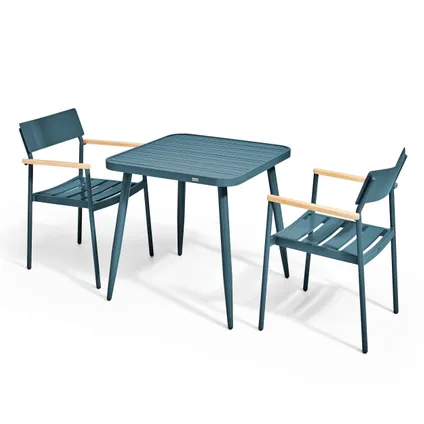 Oviala Bristol Tuinset met tafel en 2 fauteuils van aluminium/hout in eendblauw