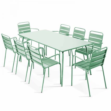 Oviala Tuinset met tafel en 8 metalen salonzetels in saliegroen