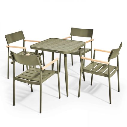 Oviala Bristol Tuinset met tafel en 4 stoelen van aluminium/hout in kaki groen
