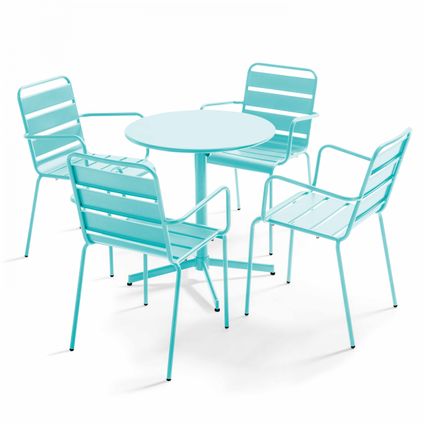 Ensemble table de jardin et 4 fauteuils métal Oviala Palavas turquoise