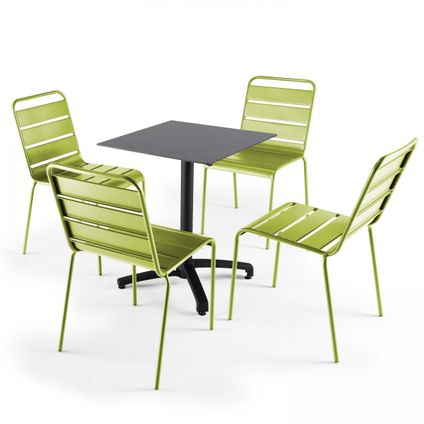 Ensemble table de jardin stratifié noir Oviala Opéra et 4 chaises vert
