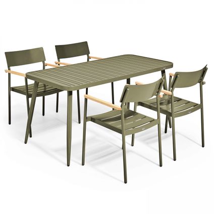 Oviala Bristol Tuinset met tafel en 4 fauteuils van groen kaki aluminium