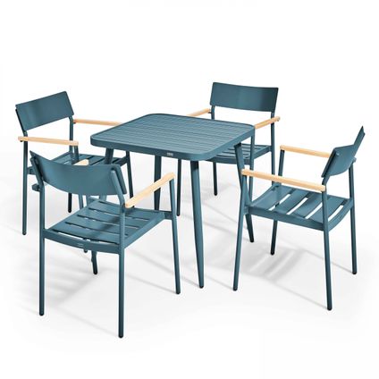 Oviala Bristol Tuinset met tafel en 4 fauteuils van aluminium/hout in eendblauw
