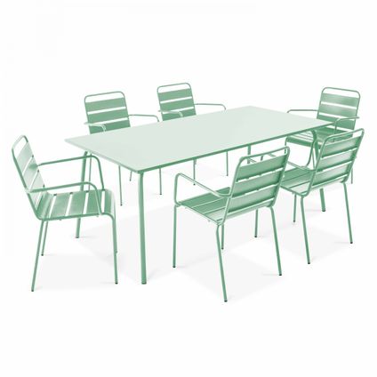 Oviala Tuinset met tafel en 6 fauteuils in saliegroen metaal