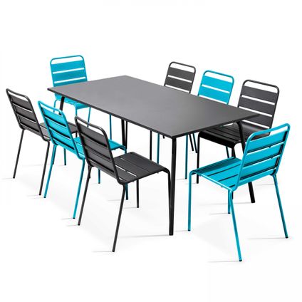 Oviala Palavas Tuinset met tafel en 8 stoelen van grijs en blauw metaal