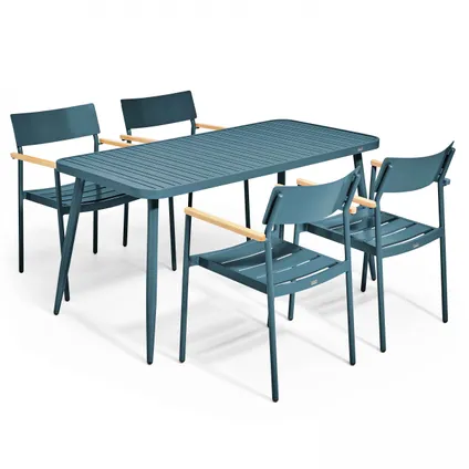 Oviala Bristol Tuinset met tafel en 4 fauteuils van blauwgroen aluminium