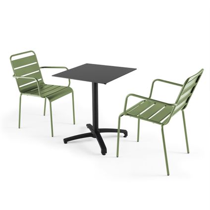 Ensemble table de jardin stratifié noir Oviala Opéra et 2 fauteuils vert cactus