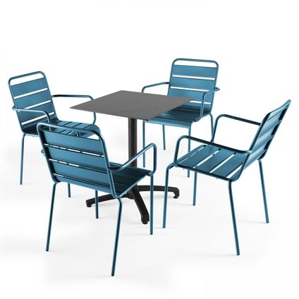 Ensemble table de jardin stratifié noir Oviala Opéra et 4 fauteuils bleu pacific