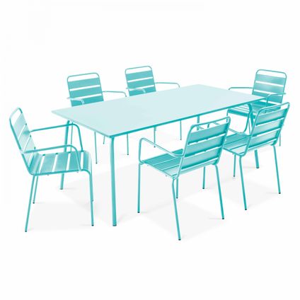 Oviala Palavas Tuinset met tafel en 6 fauteuils van turquoise metaal