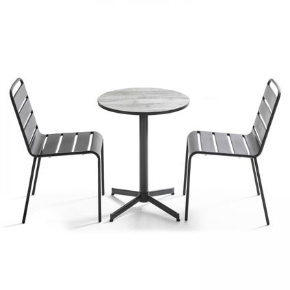 Oviala Tivoli Tuinset ronde tafel en 2 grijze metalen stoelen