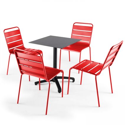 Oviala Set van een zwarte gelamineerde tuinset tafel en 4 rode stoelen