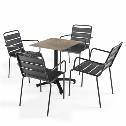 Oviala Tuinset met taupe gelamineerde tuintafel en 4 grijze fauteuils