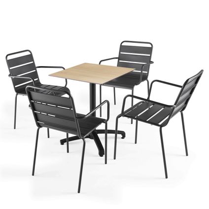 Oviala Tuinset met een gelamineerde eikenhouten tafel en 4 grijze fauteuils