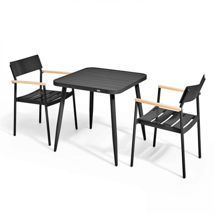 Oviala Bristol Tuinset met tafel en 2 fauteuils van aluminium/zwart hout