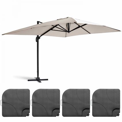Oviala Verstelbare parasol van 3x4m en 4 witte aluminium tegels om te vullen