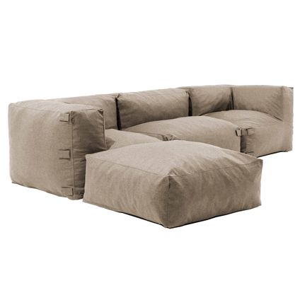 Oviala Modulaire hoekbank met 1 fauteuil, 2 hoeken en 1 zandkleurige poef.