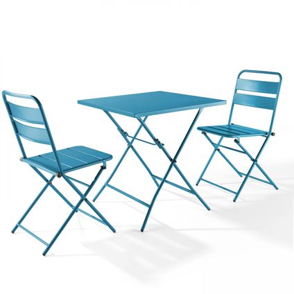 Oviala Set inklapbare tuinset en 2 blauwe Pacific stalen stoelen
