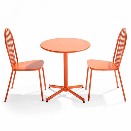 Oviala Palavas Set ronde tafel en 2 metalen oranje tuinstoelen