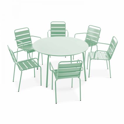 Oviala Set van een ronde tuin tafel en 6 fauteuils van groen salie staal