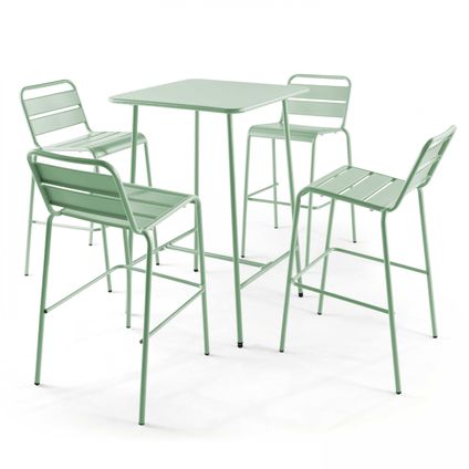 Oviala Palavas Set bartafel en 4 hoge stoelen van groen salie metaal