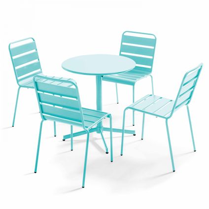 Oviala Palavas Set van een ronde tuin tafel en 4 metalen turquoise stoelen