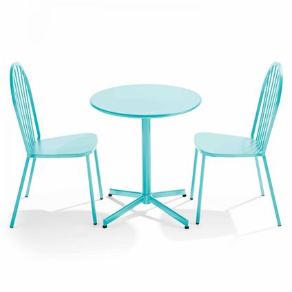 Ensemble table ronde Oviala Palavas et 2 chaises de jardin bistrot en métal turquoise