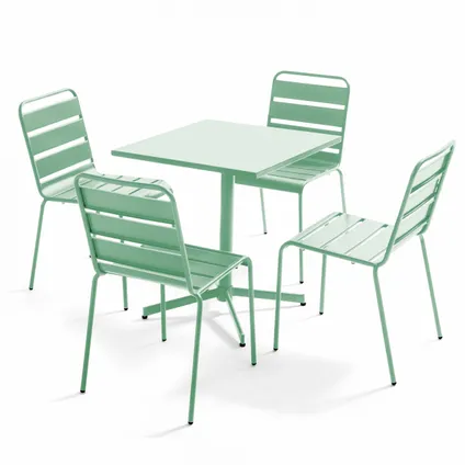Oviala Palavas Vierkante tafelset met 4 groene saliegroene metalen stoelen