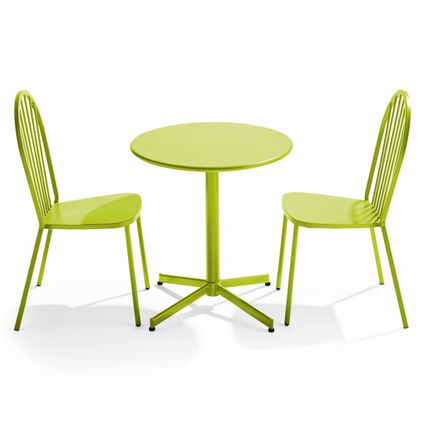 Oviala Palavas Set ronde tafel en 2 groene metalen bistrostoelen