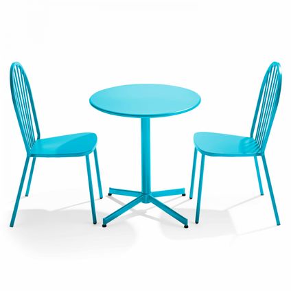 Oviala Palavas Set ronde tafel en 2 bistro tuinstoelen van blauw metaal