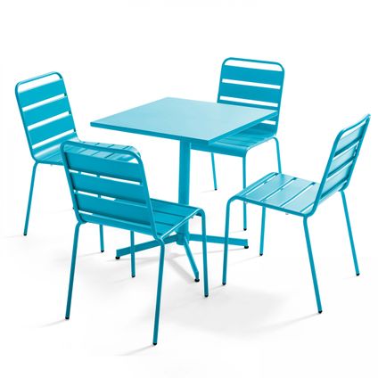 Oviala Palavas Set van een vierkante tuintafel en 4 blauwe stoelen