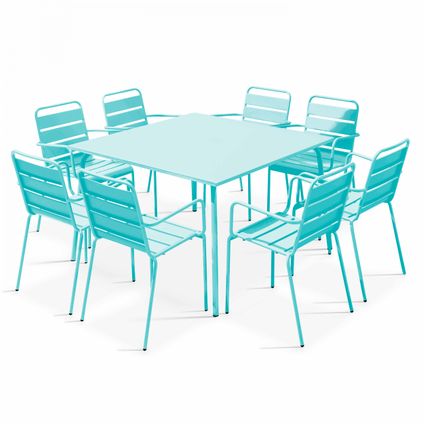 Oviala Palavas Set van een vierkante tuin tafel en 8 metalen turquoise stoelen