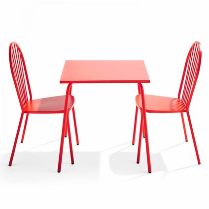 Oviala Palavas Set van een bistro tuintafel en 2 rode stalen stoelen