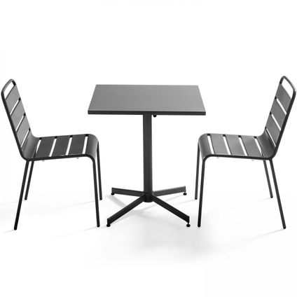 Oviala Palavas Set van een vierkante tuin tafel en 2 grijze metalen stoelen