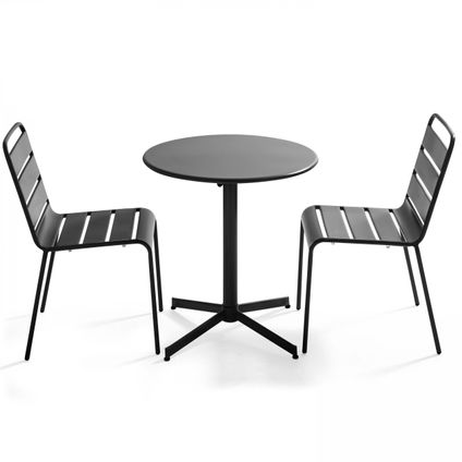 Oviala Palavas Set van een ronde tuin tafel en 2 grijze metalen stoelen