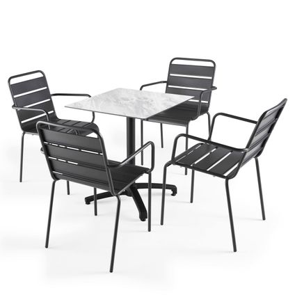 Oviala Set tuintafel met marmeren laminaat en 4 grijze fauteuils