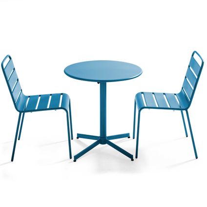 Ensemble table de jardin ronde et 2 chaises métal Oviala Palavas bleu pacific