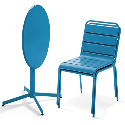 Oviala Palavas Set van een ronde tuin tafel en 2 blauwe metalen stoelen Pacific 2