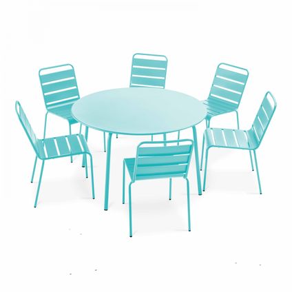Oviala Palavas Set van een ronde tuin tafel en 6 metalen turquoise stoelen