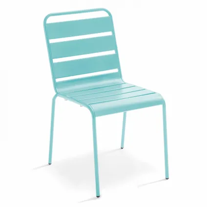 Oviala Palavas Set van een ronde tuin tafel en 6 metalen turquoise stoelen 4